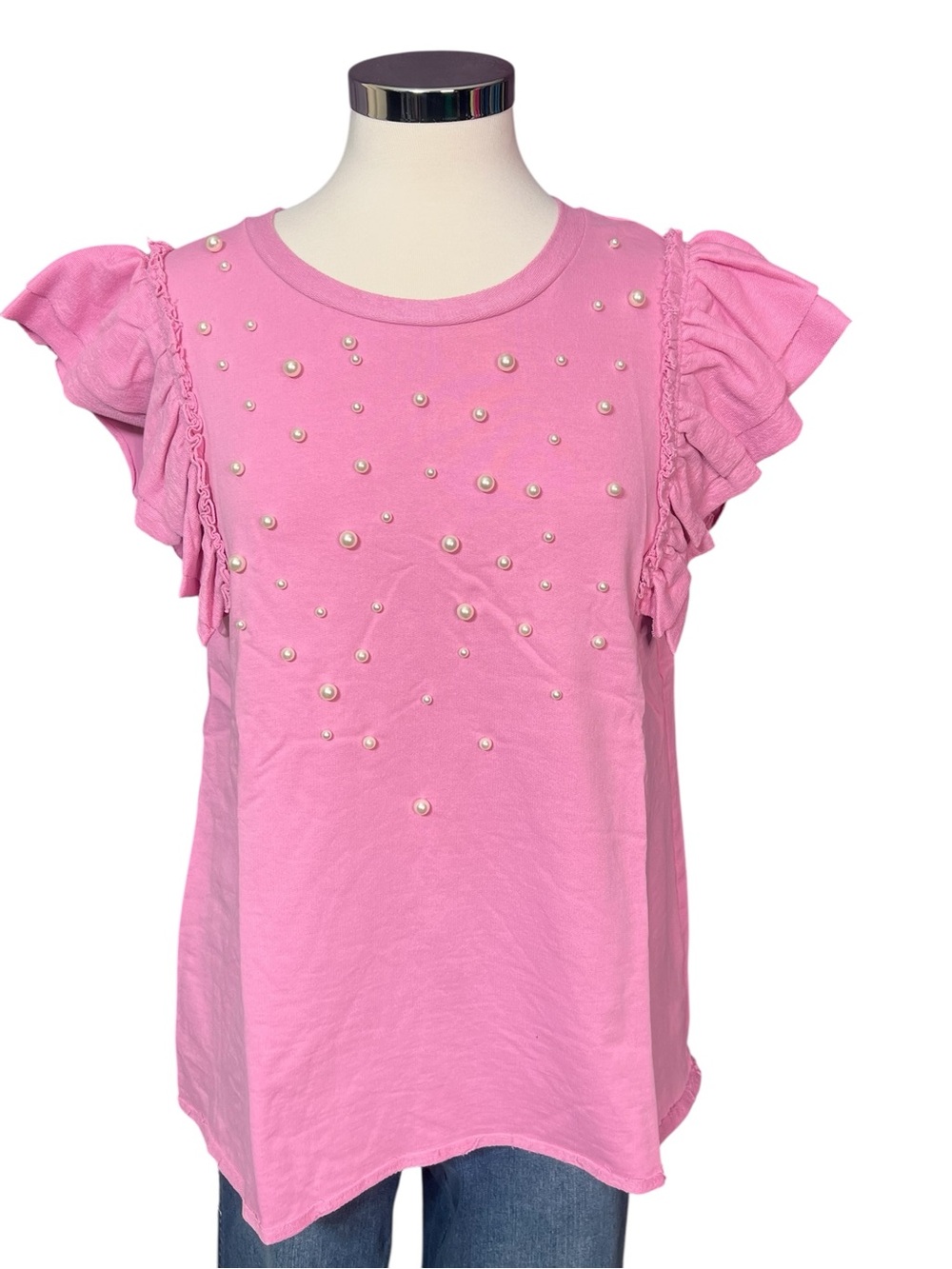 Umgee Pink Cotton Pearl-Stud Flutter Sleeve Tee - Picture 2 of 7